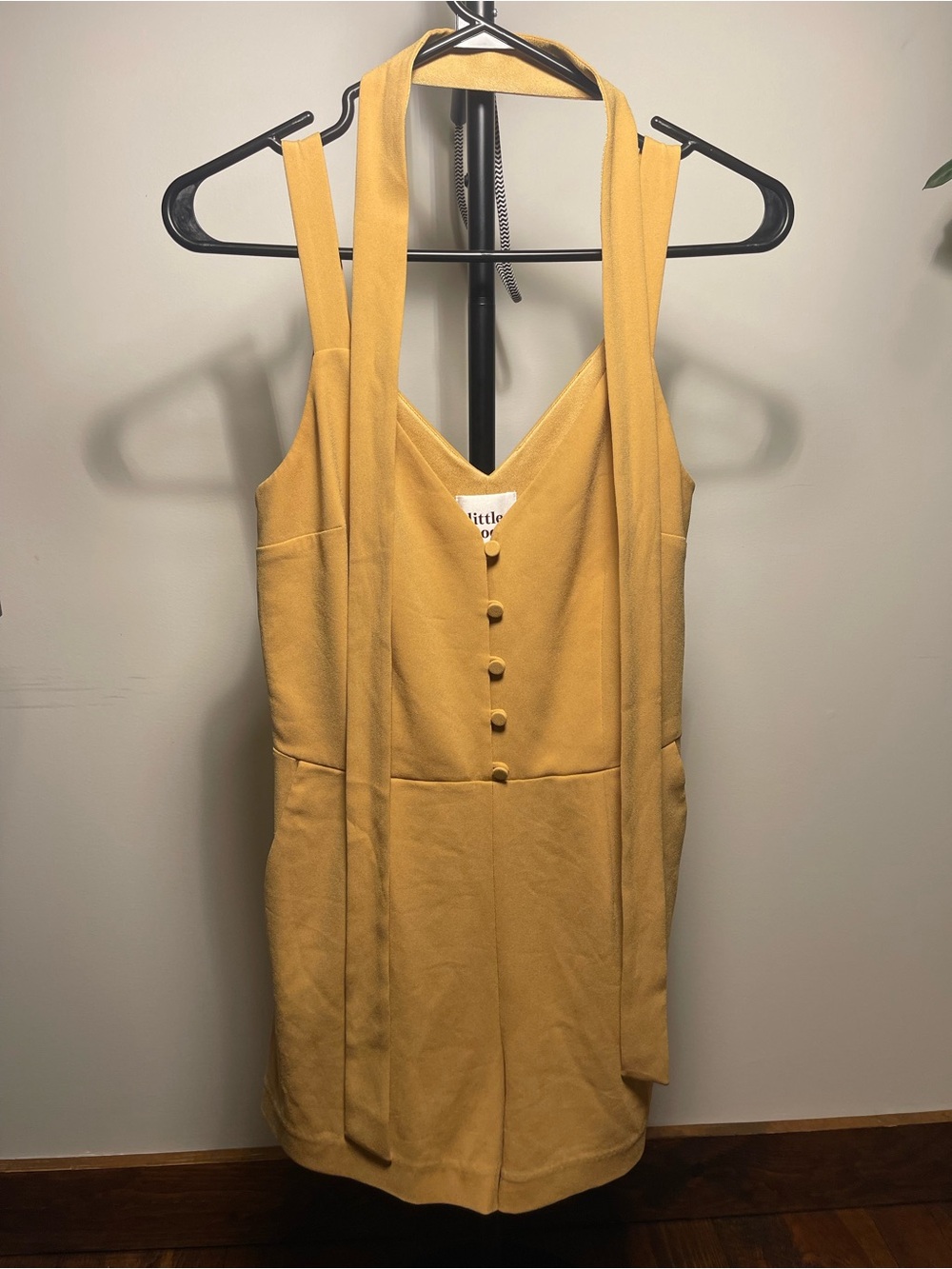 Little Moon Mustard Yellow Button-Front Mini Dress with Shoulder Ties